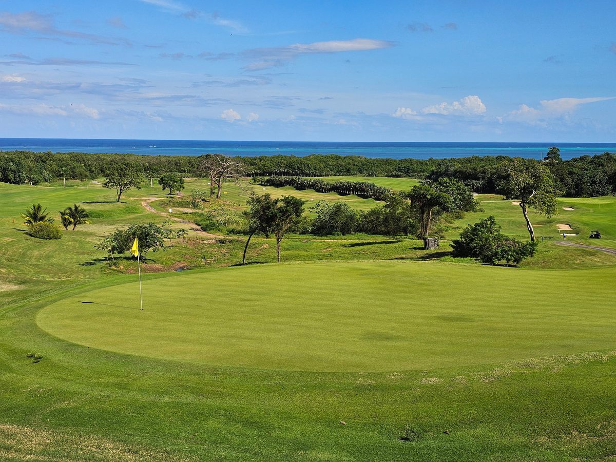A green with a yellow flag in the foreground, the course rolling down to the Caribbean