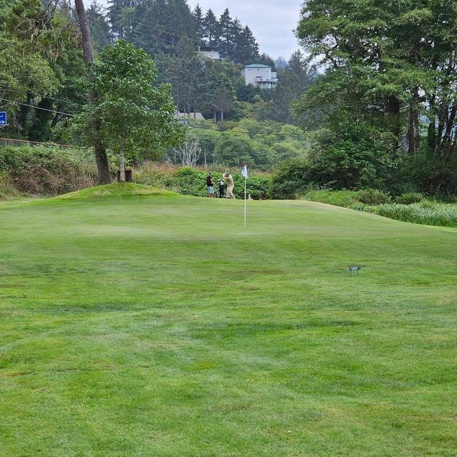 Golfers on a green below forested hills, a Golf Next Right sign by the road