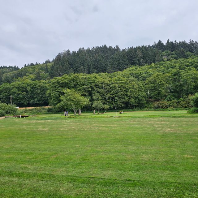 A green with a white flag set against a forested hillside