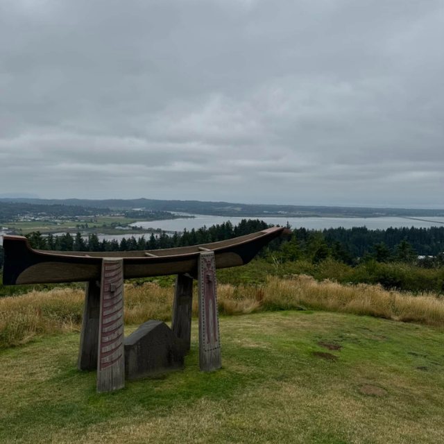 The canoe-shaped memorial overlooking the river valley