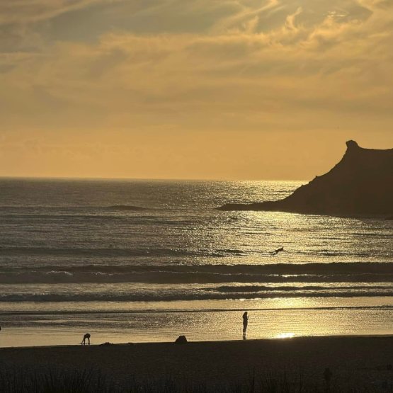 The sun low over the ocean, a headland and a few beach walkers in silhouette